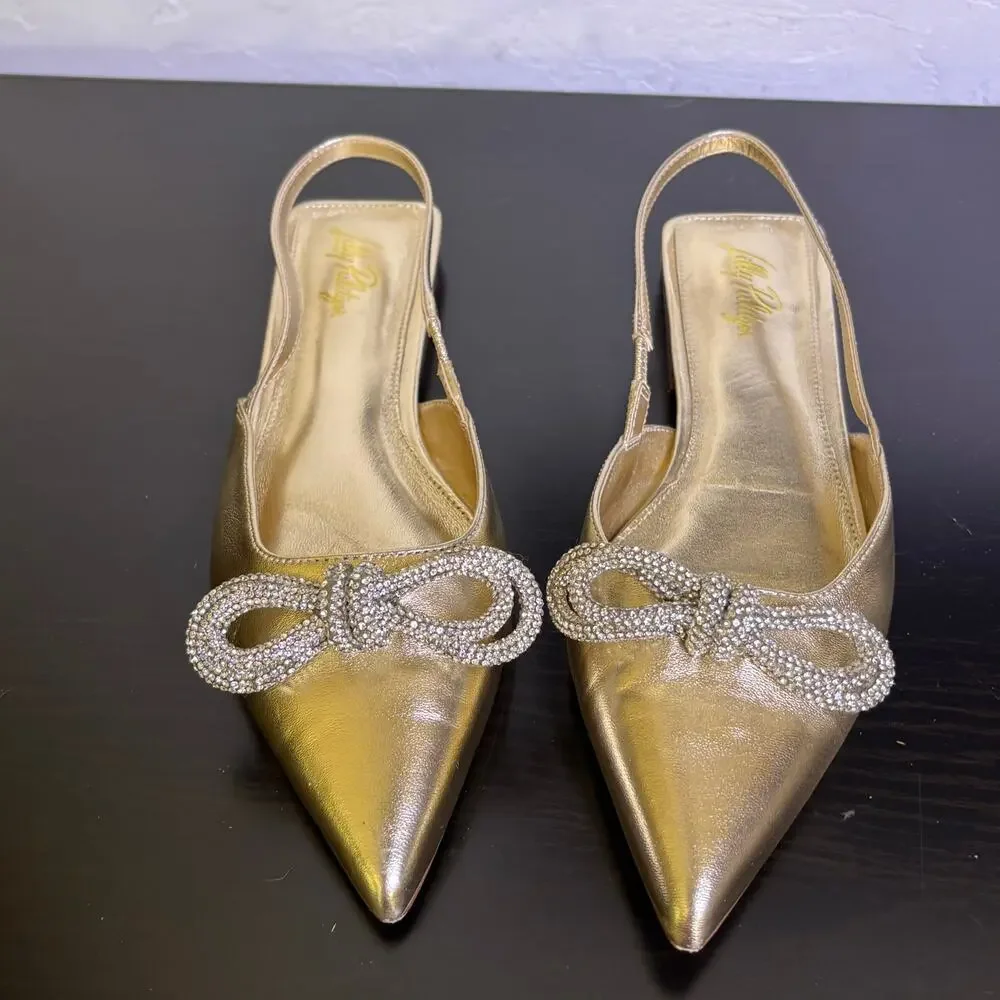 Lilly Pulitzer Brit Gold Leather Slingback Dressy Summer Event Bling Bow Size 9 - Picture 6 of 15